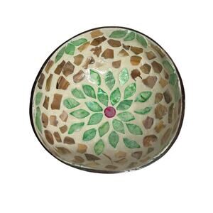 VTG Handmade Coconut Shell Bowl Capiz Floral Inlay Boho Tropical Coastal Decor